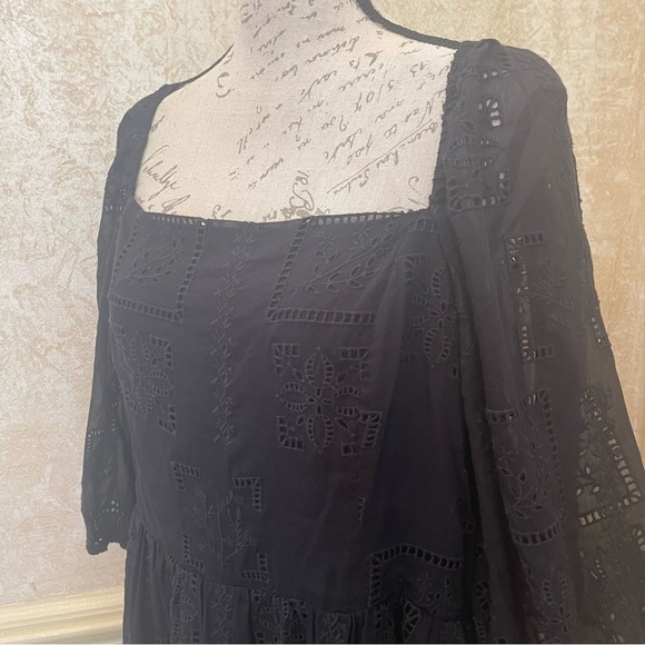 JOHNNY WAS ELLA SILK COTTON MINI DRESS BLACK EMBROIDERED PUFF SLEEVES Sz XL - Picture 14 of 14